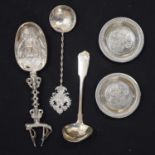 Pair of white metal dishes, a Dutch spoon, Austrio-Hungarian spoon, and a Victorian silver ladle