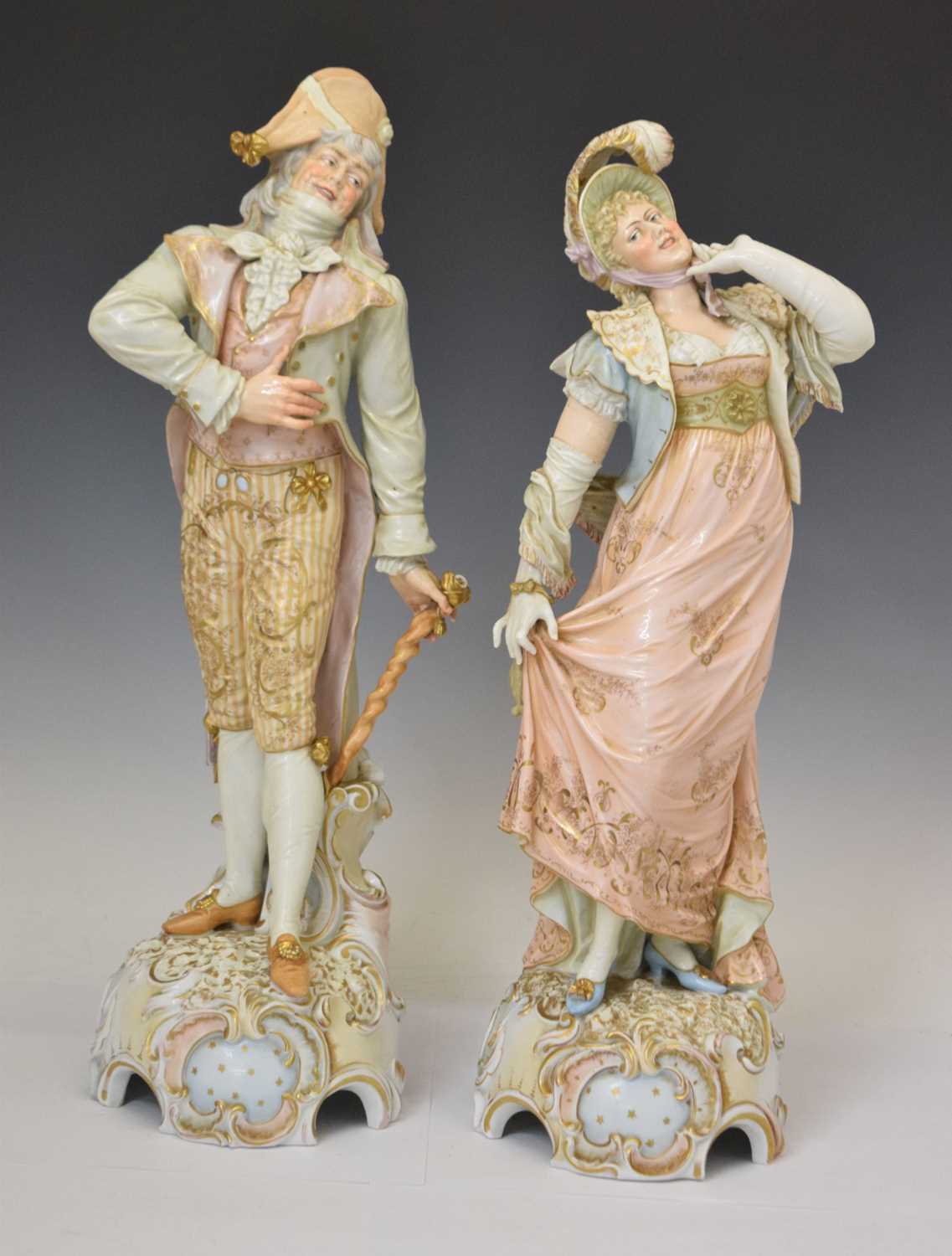 Large pair of early Continental porcelain figures of a courting couple