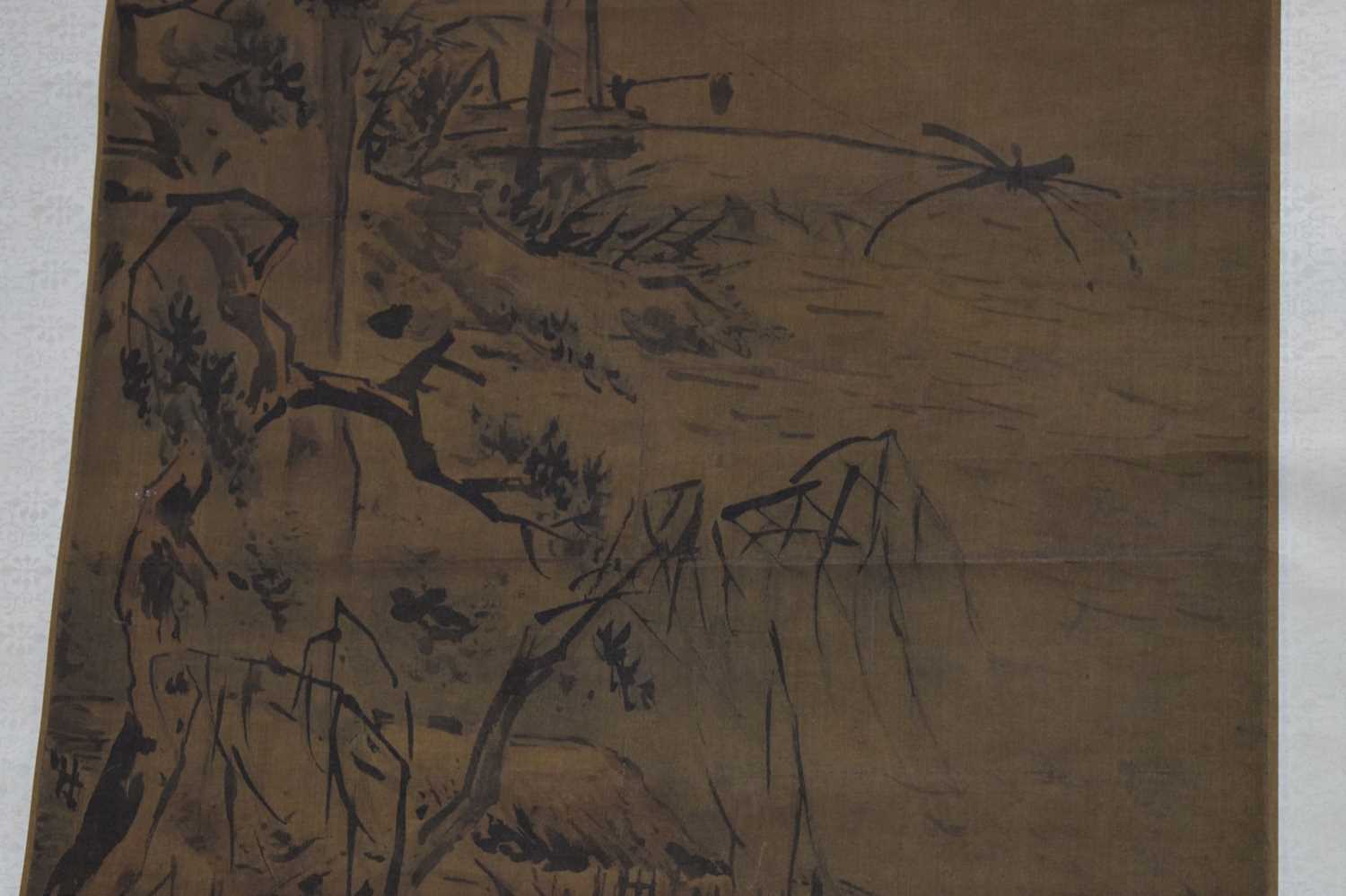 Anonymous - Chinese watercolour scroll painting depicting a river landscape - Image 5 of 18