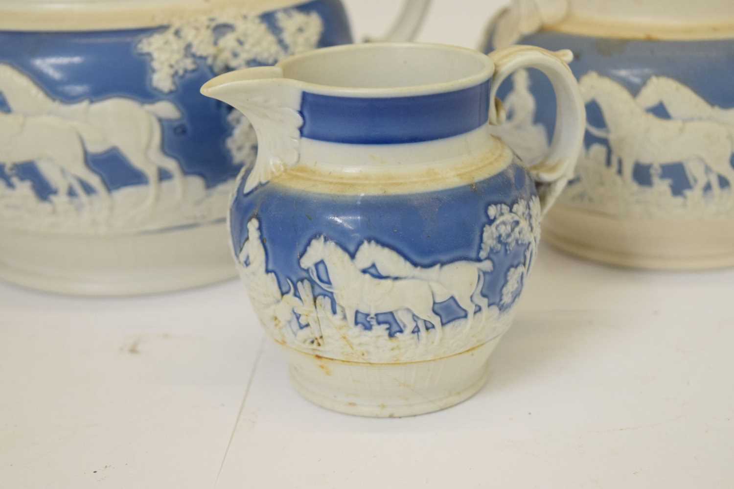 Two pairs of Staffordshire spaniels, together with three hunting jugs - Image 12 of 19