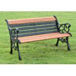 Modern two seater teak garden bench with cast metal ends