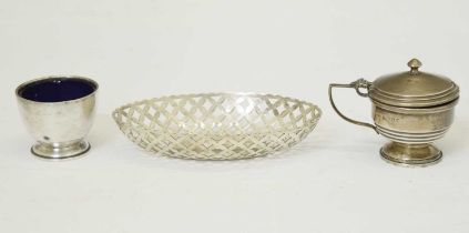 George V silver pierced bowl, and two silver condiments with blue glass liners