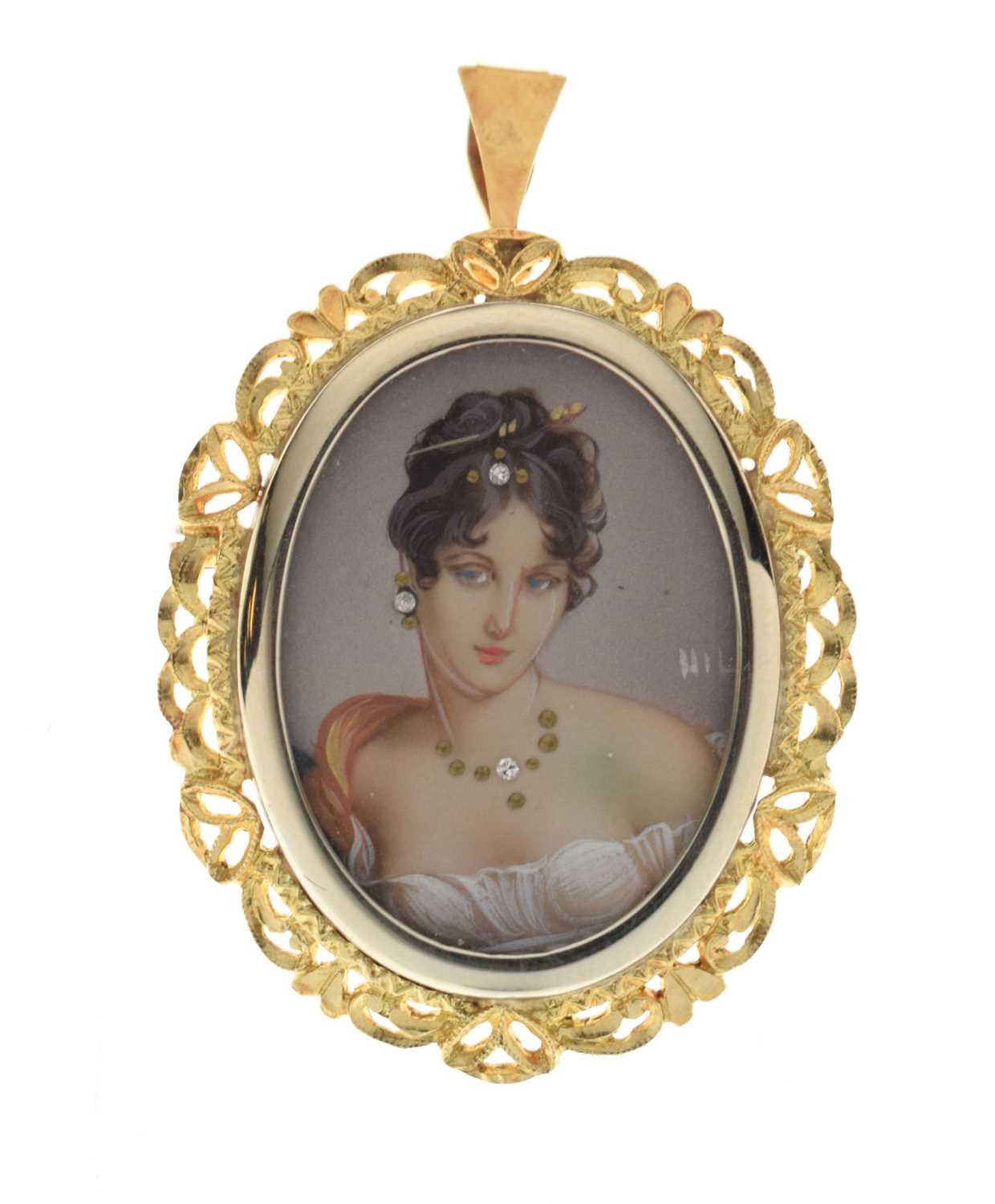 Yellow metal (750) miniature portrait brooch / pendant