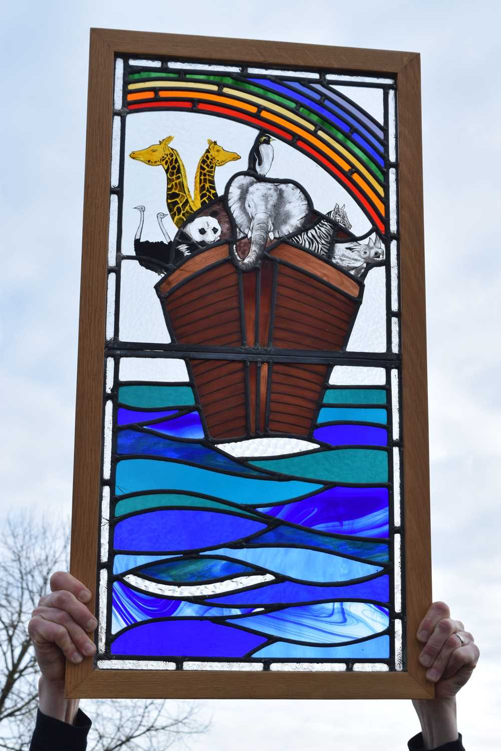 Late 20th century leaded stained glass Noah's Ark panel - Image 8 of 8