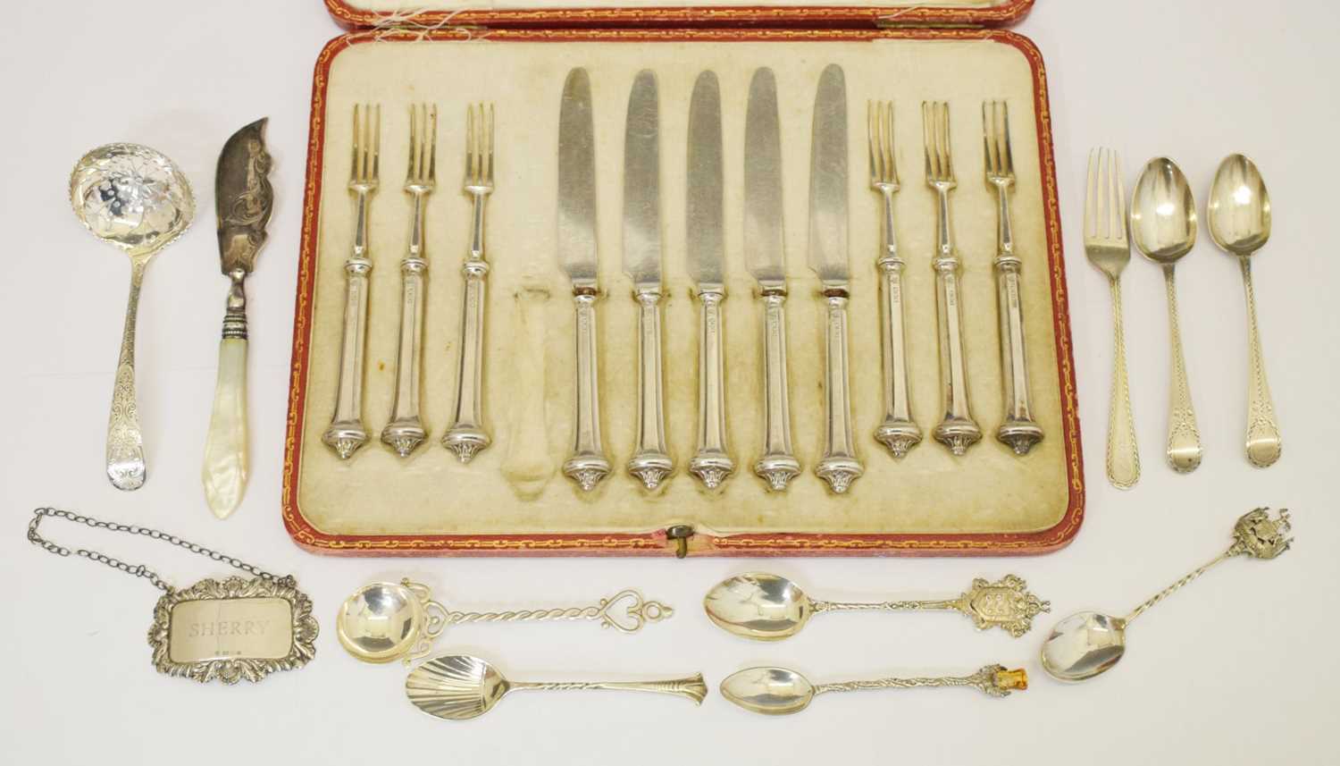 Victorian silver butter dish, cased set of George V silver handled fruit knives and forks, etc