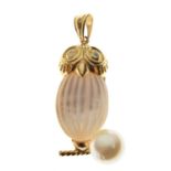 Unusual yellow metal (K18), diamond and pearl owl pendant