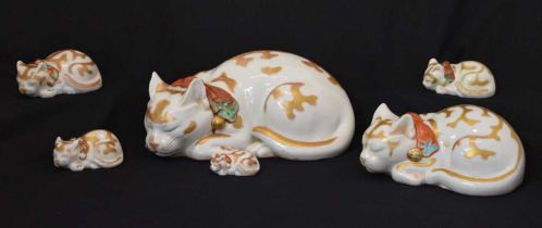 Group of six graduated Japanese Kutani porcelain sleeping cats