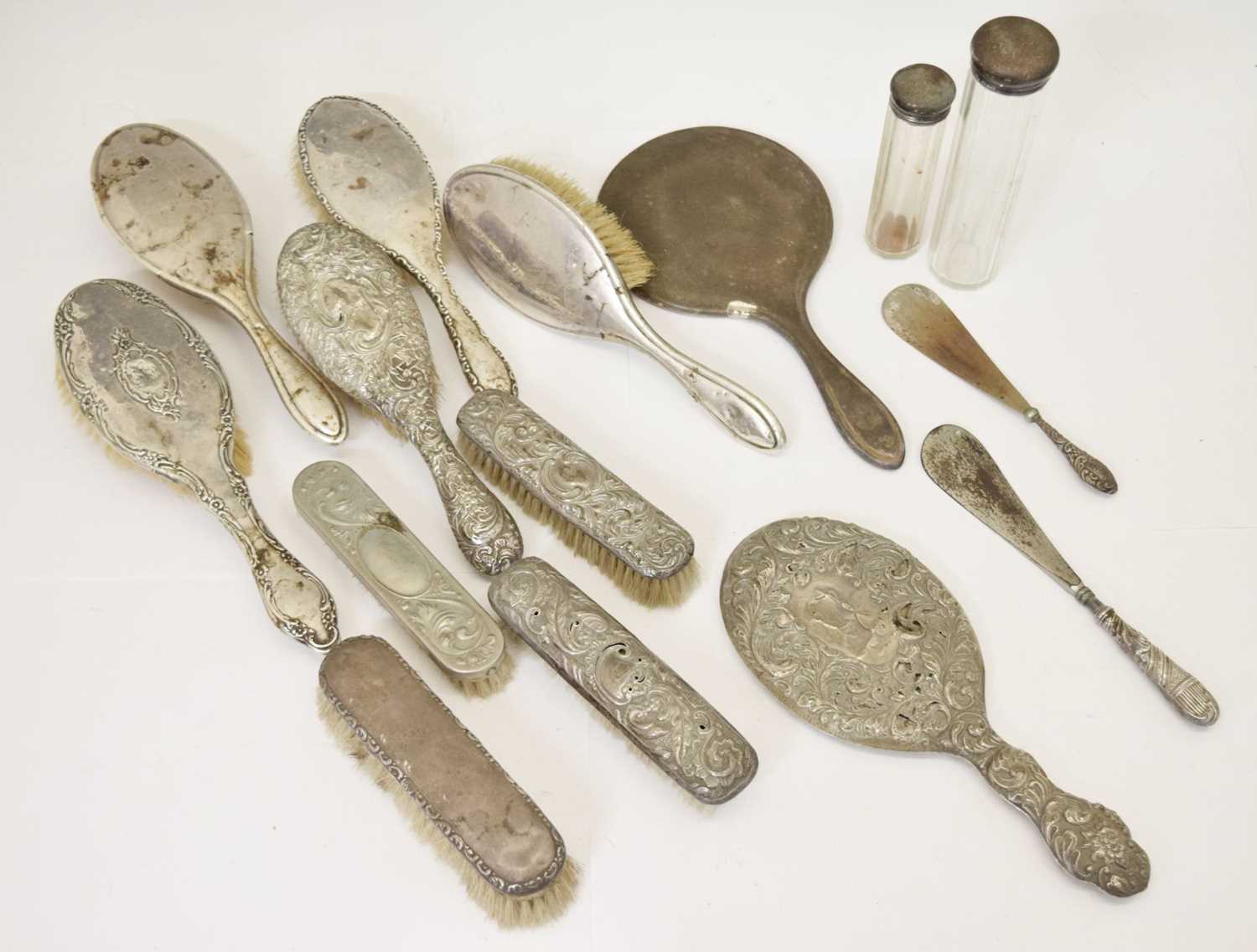 Collection of silver and silver-plated backed dressing table items