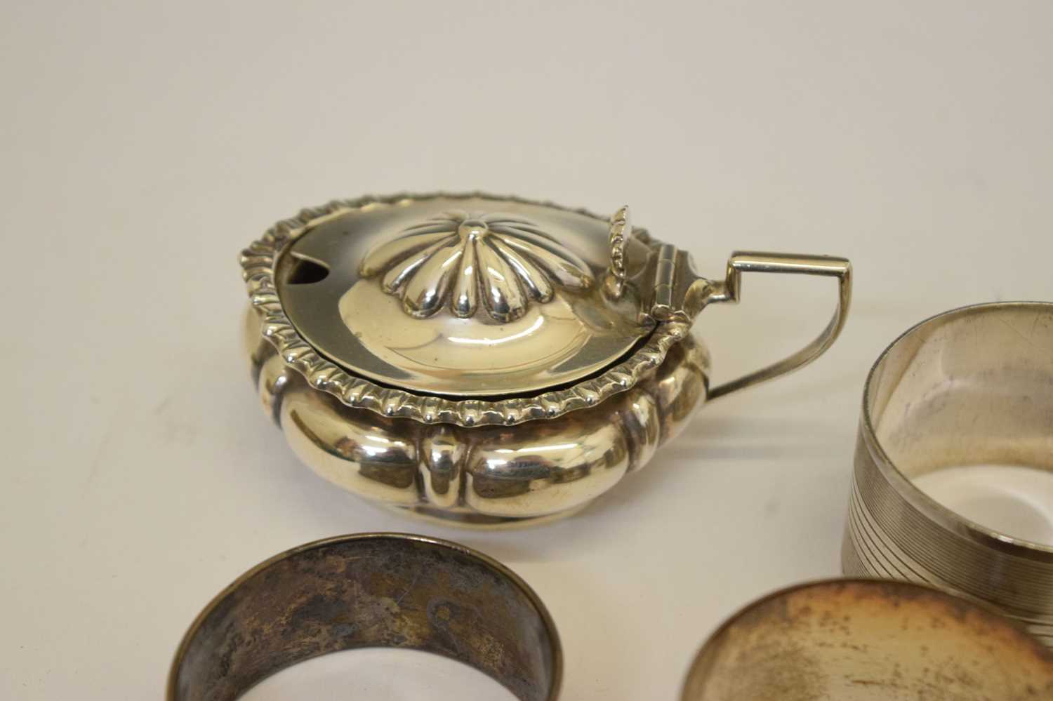 Set of six George III teaspoons, silver condiments, four napkin rings, etc - Image 8 of 11