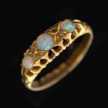 Edwardian 18ct gold three-stone opal ring