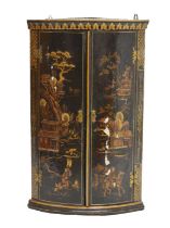 George III black-lacquered chinoiserie bowfront corner cabinet