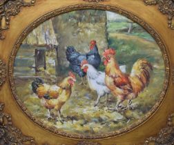 Reproduction oval oil on canvas of cockerels in a farmyard