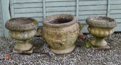 Pair of composition stone garden urns and Greek-style urn
