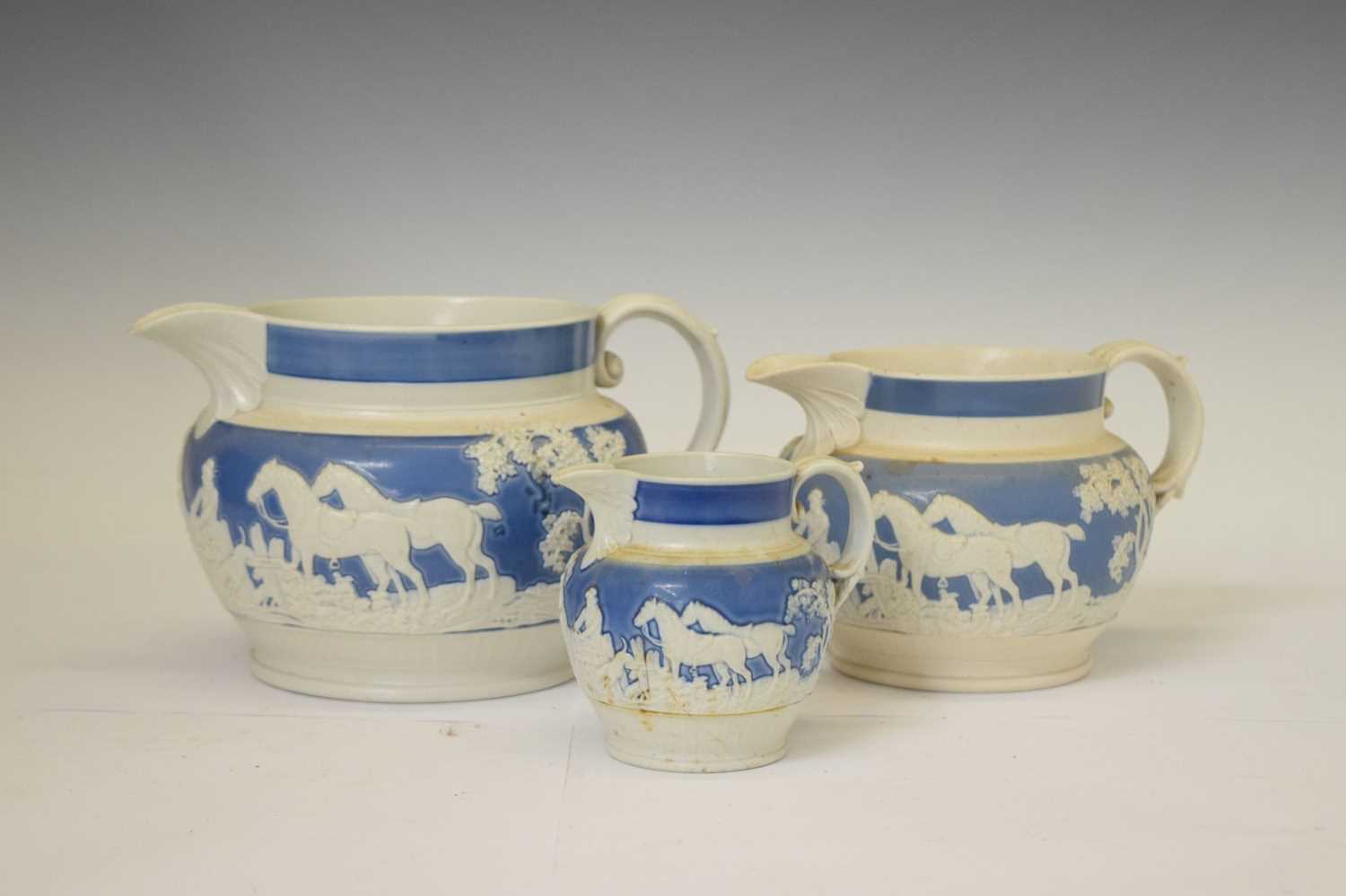 Two pairs of Staffordshire spaniels, together with three hunting jugs - Image 11 of 19