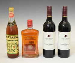 Two bottles of Vasse Felix Cabernet Sauvignon red wine, Metaxa Three Stars Grand Prix, etc