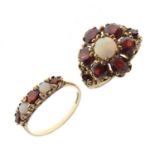 Two 9ct gold, garnet and opal dress rings