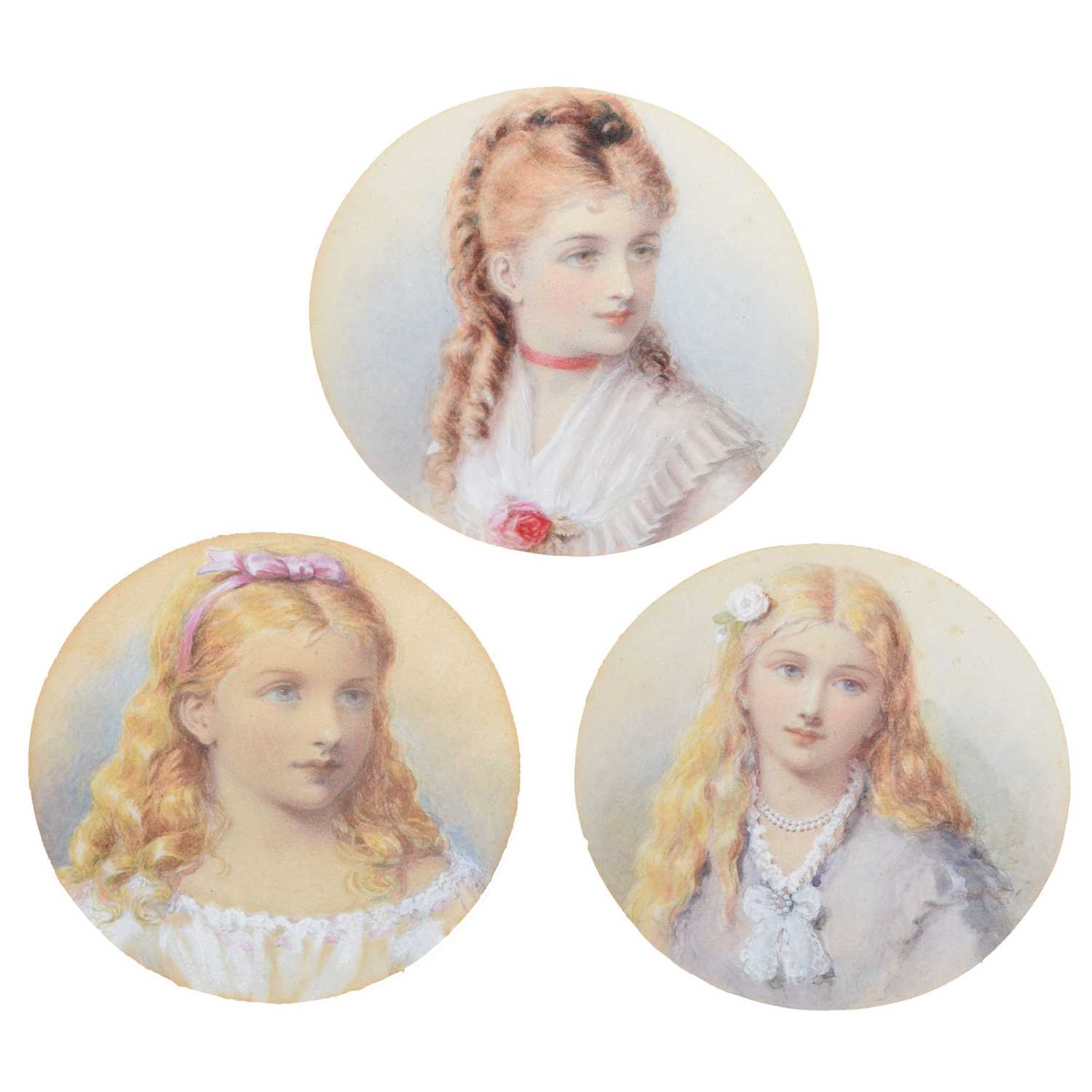 Set of three English school watercolour portrait studies of ladies