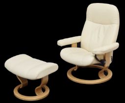 Ekornes Stressless cream leather chair and stool