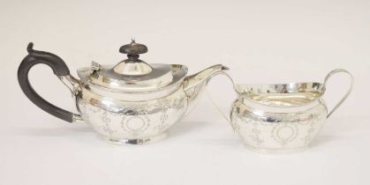 George V silver two-piece Bachelor tea set with engraved decoration