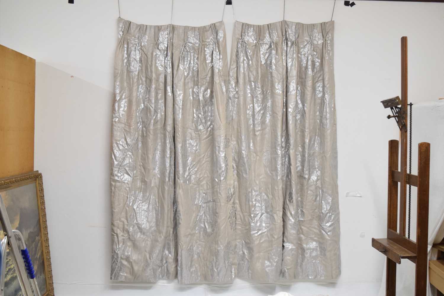 Three curtains, with silver printed floral design - Image 14 of 14