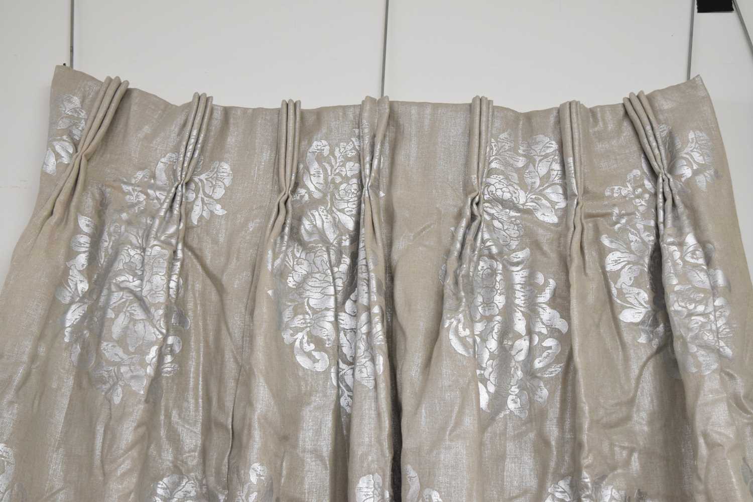 Three curtains, with silver printed floral design - Image 10 of 14