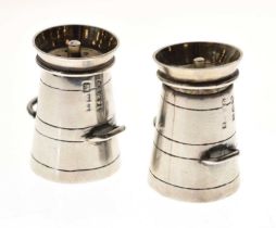 Pair of silver novelty miniature pepperettes in the form of milk churns