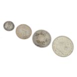 Four Georgian milled coins, George II and George III