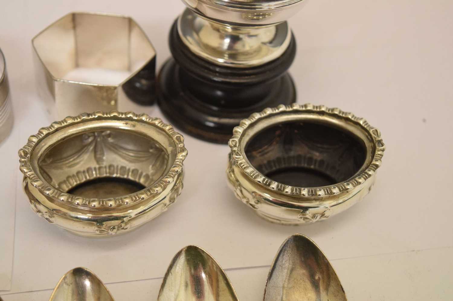 Set of six George III teaspoons, silver condiments, four napkin rings, etc - Image 5 of 11