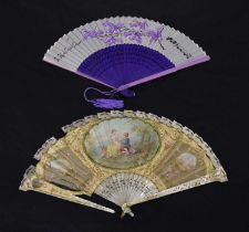 Early 20th century painted silk and mother-of-pearl fan