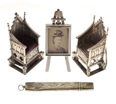 Two silver Coronation Chairs, an Edward VII miniature silver photograph easel, etc