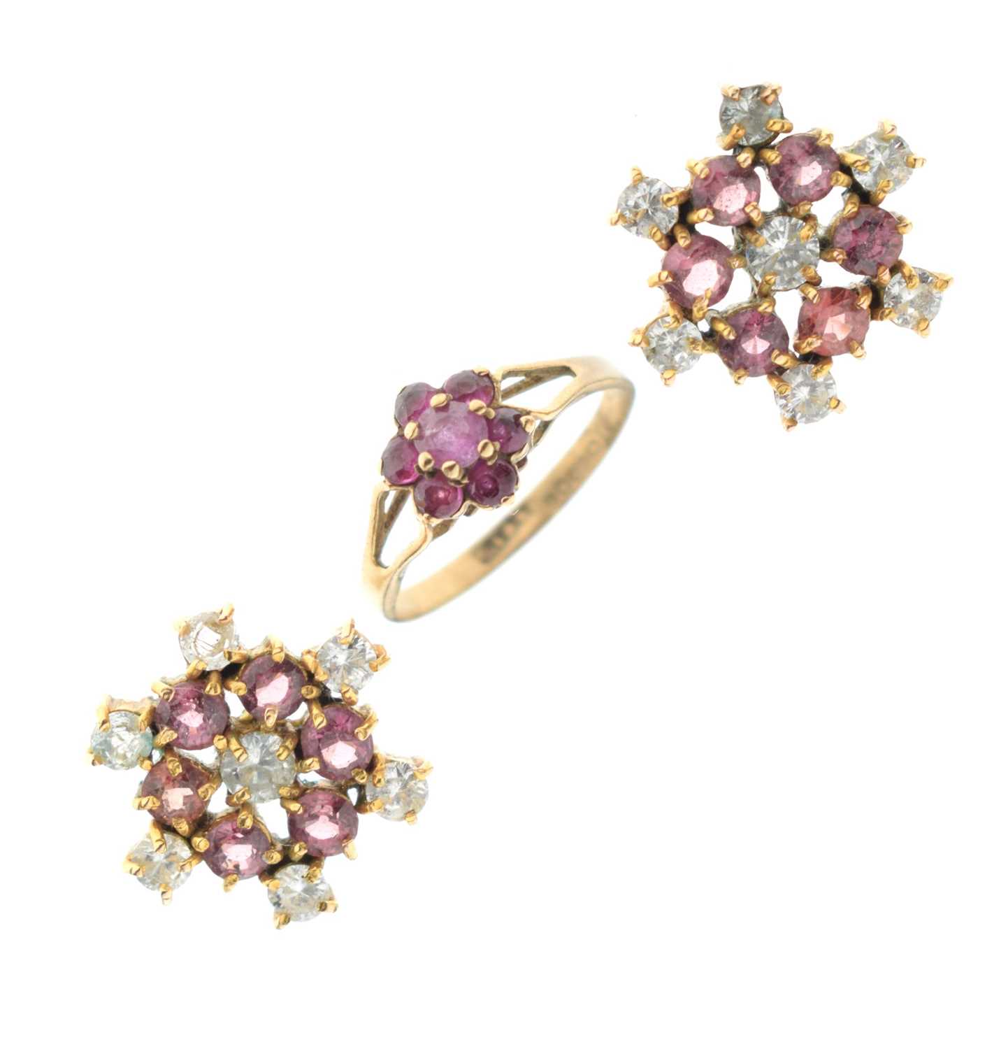 9ct gold ruby cluster ring and pair of gem-set cluster ear studs