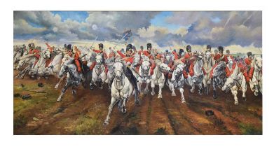 David Hall, (after Lady Elizabeth Butler) - oil on canvas - 'Charge of the Royal Scots Greys at Wate