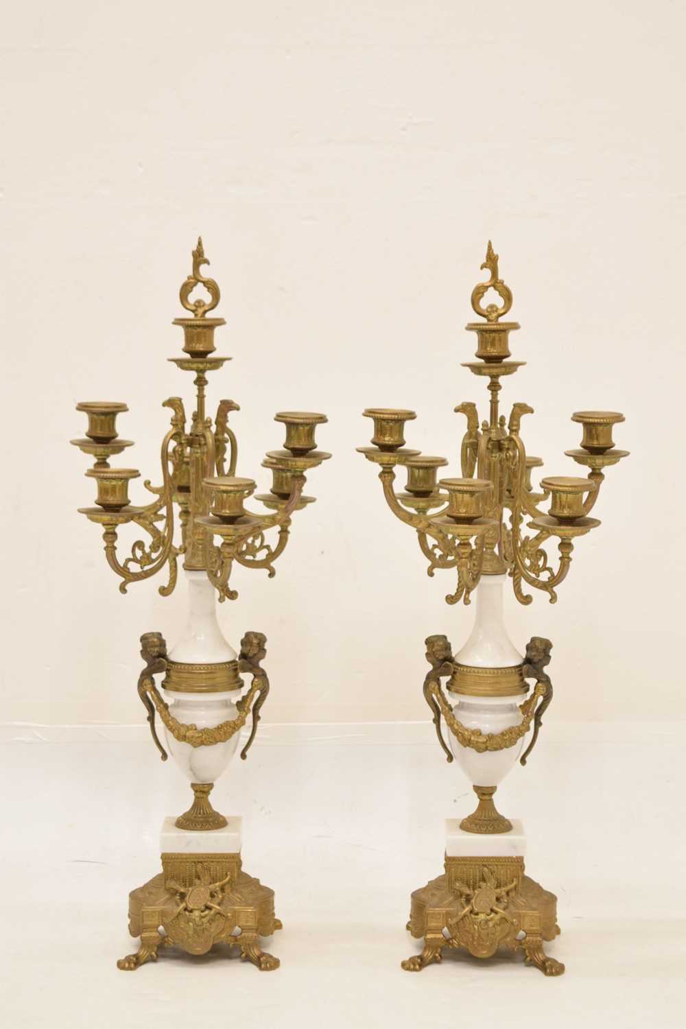 Reproduction French-style three-piece gilt metal and white marble clock garniture - Image 2 of 10