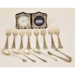 Set of eight German cake forks, an Elizabeth II silver mounted desk clock and photograph frame, etc