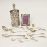 Edward VII silver-wrapped perfume bottle, photo frame, thimble, assorted sifting spoons, etc