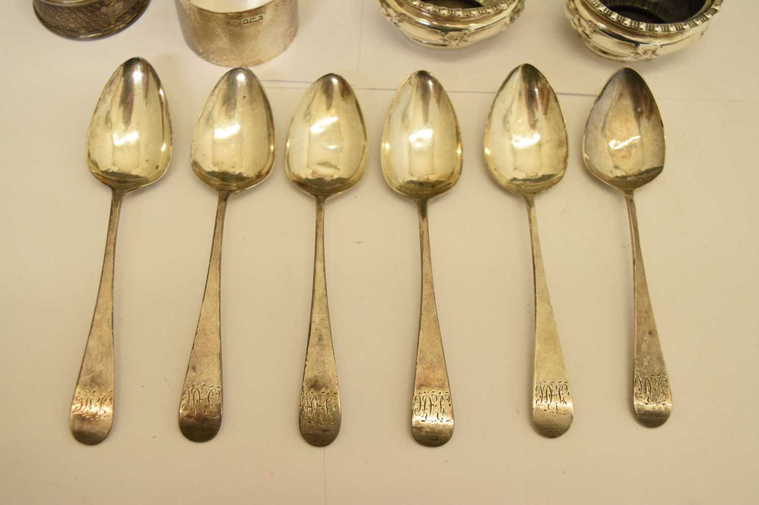 Set of six George III teaspoons, silver condiments, four napkin rings, etc - Image 3 of 11