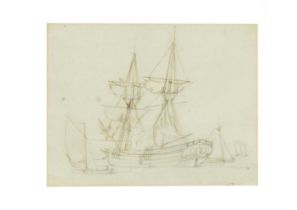 Attr. Gerrit Groenewegen (Dutch, 1754-1826) - Pencil and Ink - Merchantman and Fishing Boats