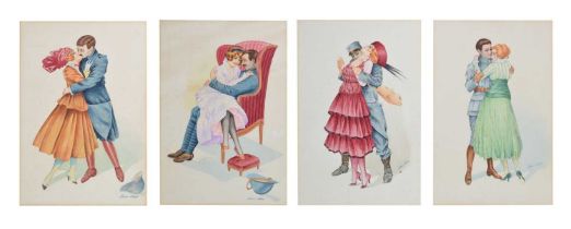 Xavier Sager (French,1881-1969) - Set of four watercolours and postcards