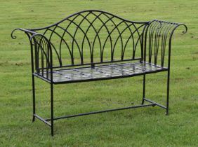 Black painted metal two seater garden bench