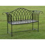 Black painted metal two seater garden bench