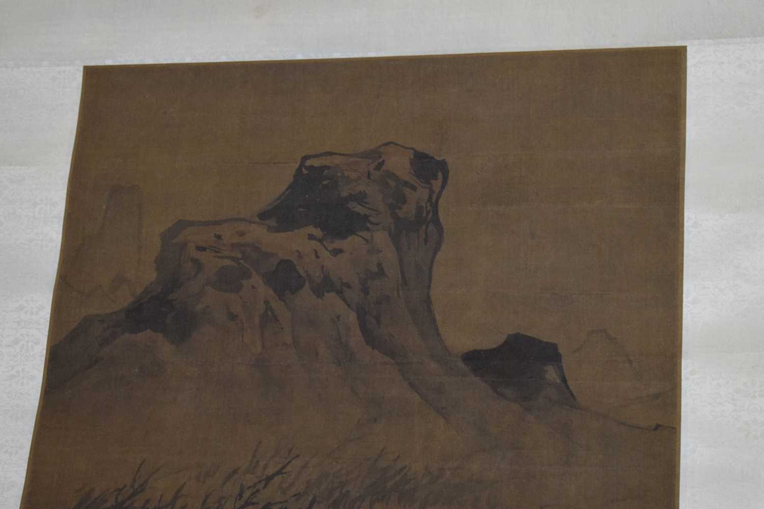 Anonymous - Chinese watercolour scroll painting depicting a river landscape - Image 9 of 18