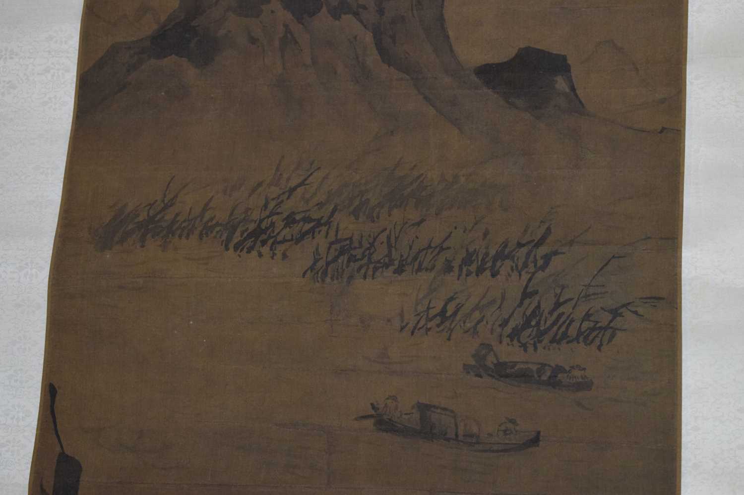 Anonymous - Chinese watercolour scroll painting depicting a river landscape - Image 8 of 18