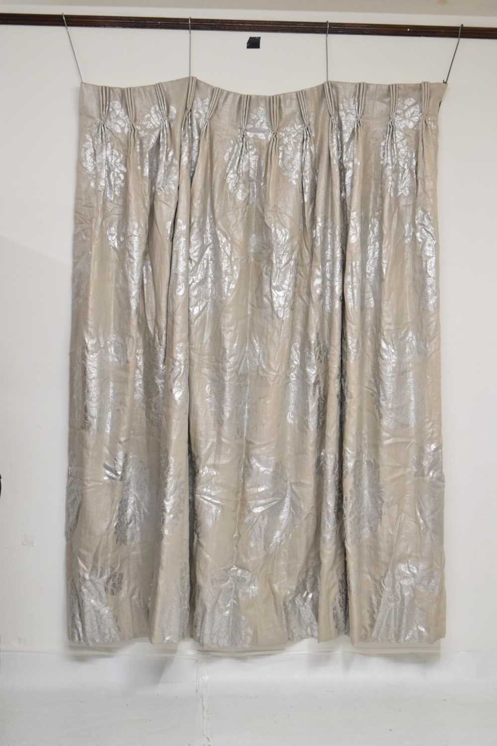 Three curtains, with silver printed floral design - Image 7 of 14