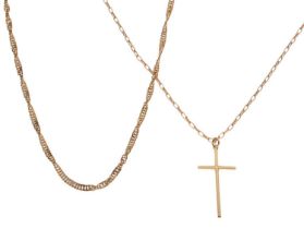 Two 9ct gold chains and a cross pendant