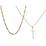 Two 9ct gold chains and a cross pendant