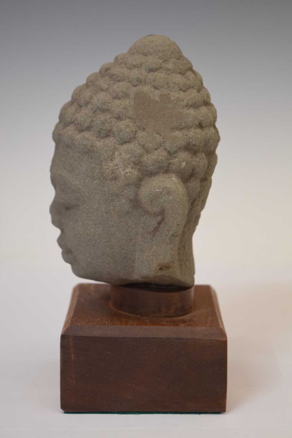 Two South East Asian grey stone busts and a carved stone fragment - Image 2 of 11