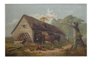 19th century school - Oil on canvas - Donkey and hens in a farmyard