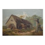 19th century school - Oil on canvas - Donkey and hens in a farmyard