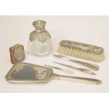 Edward VII silver mounted perfume bottle, and a quantity of silver handled dressing table items