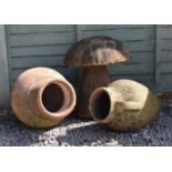 Two Mediterranean style garden urns plus wooden mushroom